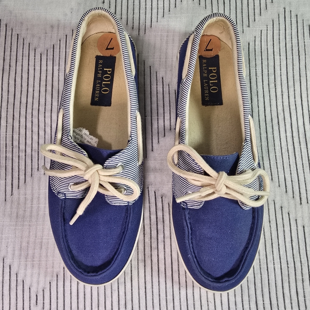 POLO by RALPH LAUREN Women's 7B Navy Blue Canvas Nautical Boat Shoes Loafers - Picture 2 of 11